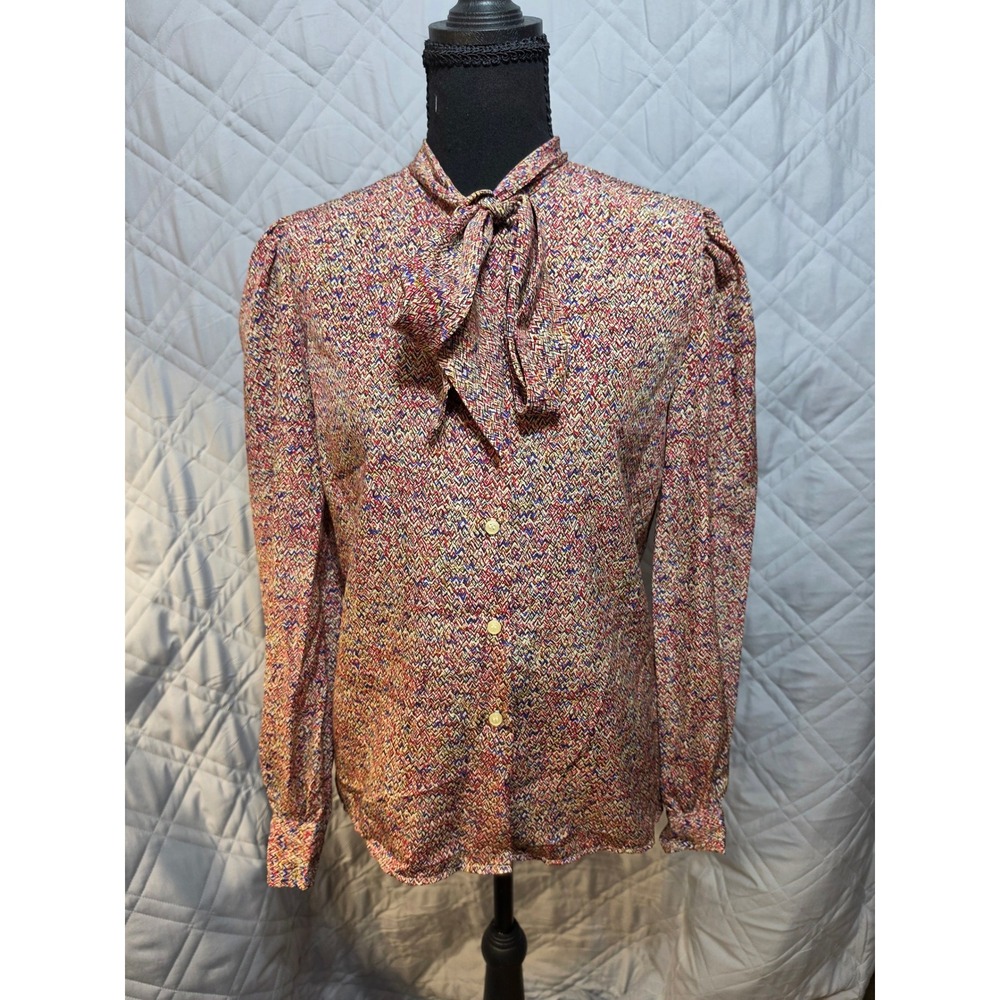 Maggie G. Bonwit Teller Vintage Tie Neck Blouse Multi-Color Geometric Print 4
